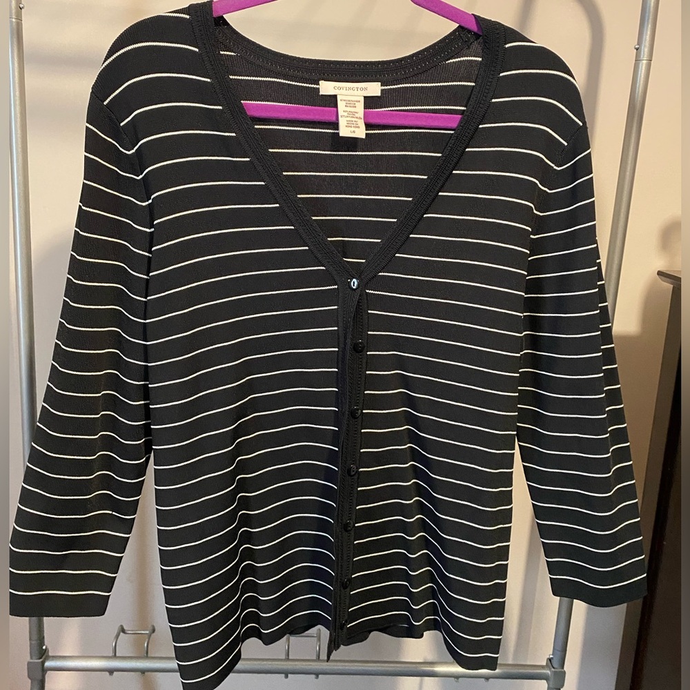 Black and white striped buttoned cardigan, long sleeved, large